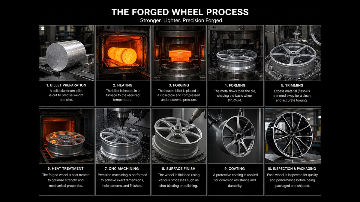 Infographic of the process of forging custom alloy wheels